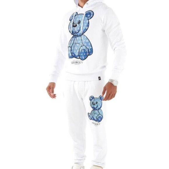 Avenue George V Paris jogging suit White Tracksuit men’s 2 piece set Rhinestone - Picture 1 of 8